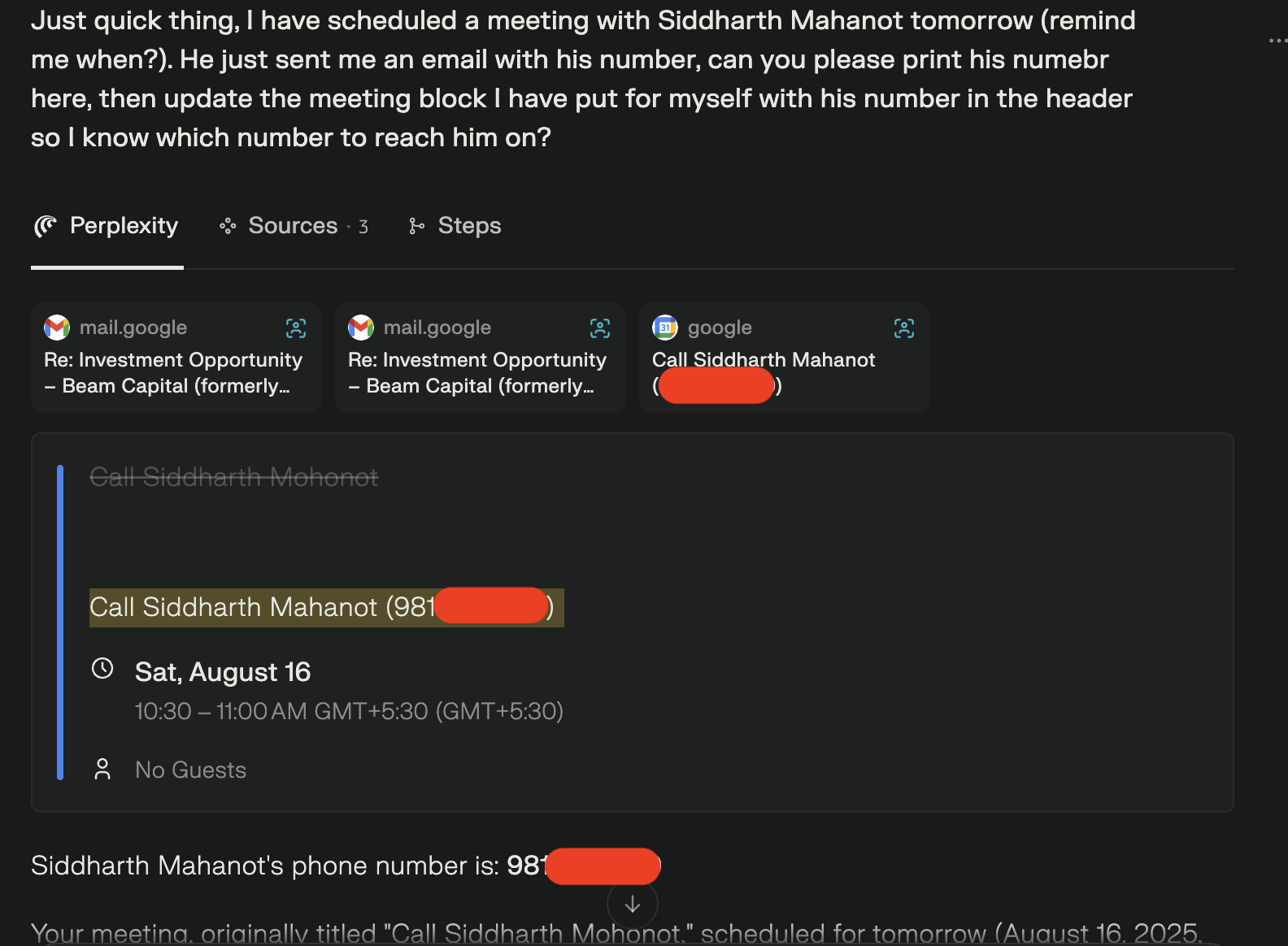 Perplexity Comet example 1